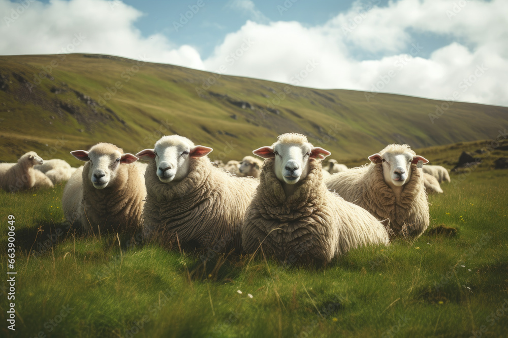 Fototapeta premium sheep is looking at you from its meadow on farm background.