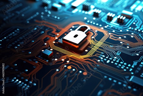 Cybersecurity illustrated, Padlock Symbol on Circuit Board 