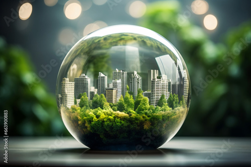 City Garden in Round Glass Cover. Save the Planet and Energy Concept photo