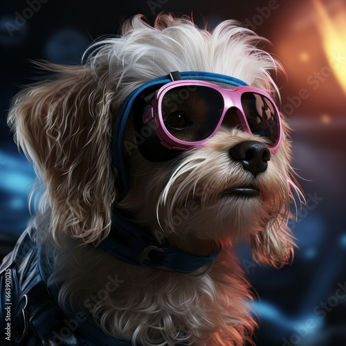 Meet the Petfluencer: Maltese Poodle Dog in VR Goggles, bathed in Pink Light, against Neon Blue. A futuristic and adorable character in the making © tope007