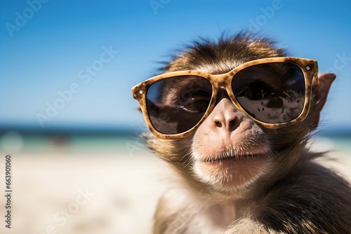 monkey wearing sunglasses on the beach © Tetiana