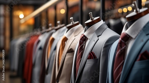 Classic men's suits with shirt and tie presented in fashion store. photo