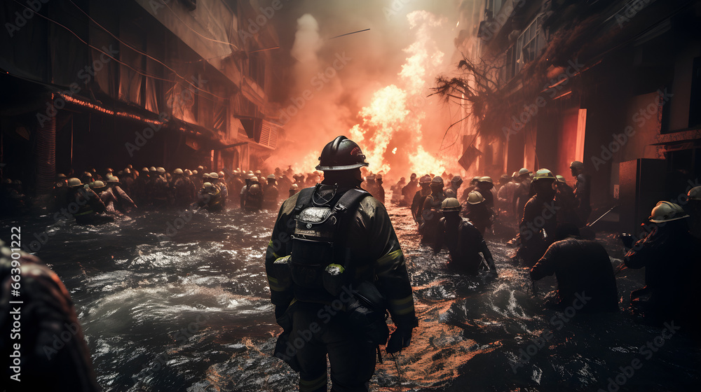 Firefighter in action helping other people Firefighter in action helping other people
