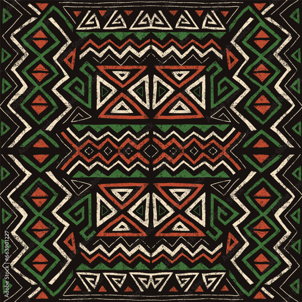 African ethnic seamless pattern in tribal style. Trendy abstract geometric background with grunge texture. Unique design elements for textile, banner, cover, wallpaper, wrapping African ethnic seamless pattern in tribal style. Trendy abstract geometric background with grunge texture. Unique design elements for textile, banner, cover, wallpaper, wrapping