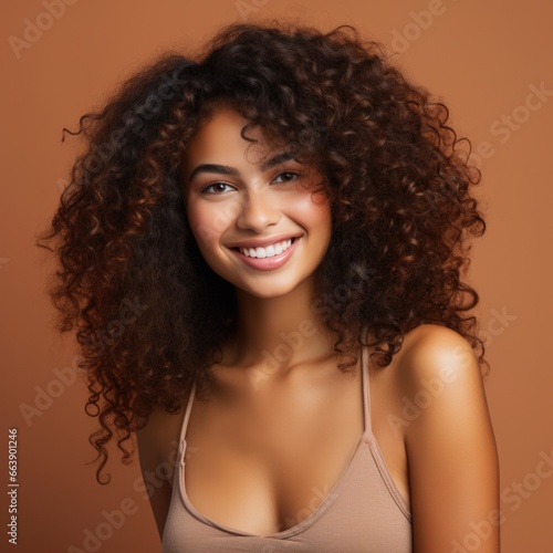 a beautiful stylish mulatto woman with clean fresh skin touches her own face. Facial care. Cosmetology, beauty © koplesya