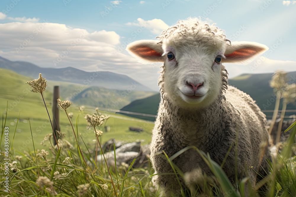 Fototapeta premium sheep is looking at you from its meadow on farm background.