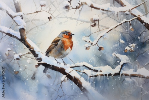 Nostalgic illustration of a robin in the snow.