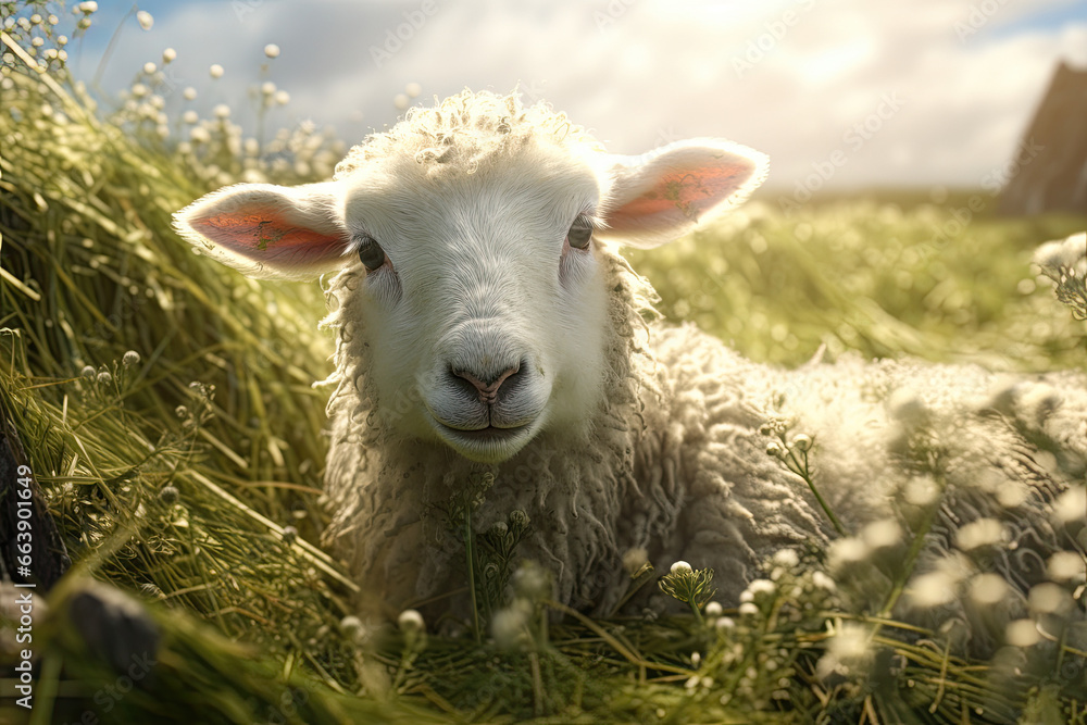 Obraz premium sheep is looking at you from its meadow on farm background.