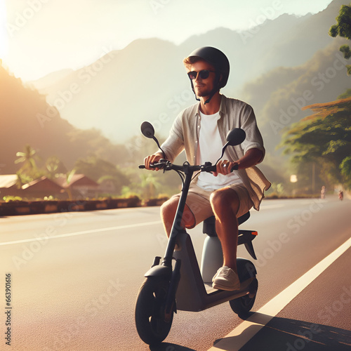 Person riding an electric scooter Daytime On a road that is not crowded photo