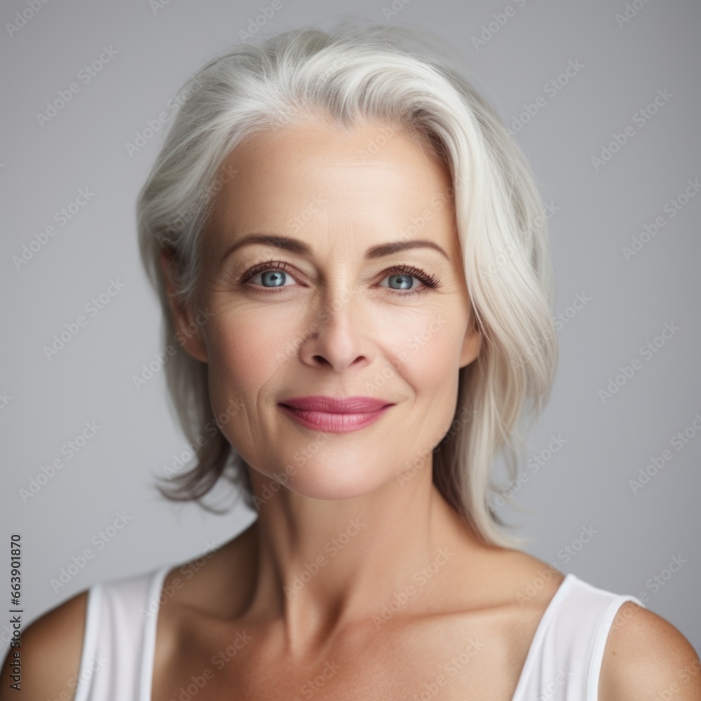 Beautiful 50 year old woman with clean fresh skin on a light background. Facial care, cosmetology, beauty and spa concept