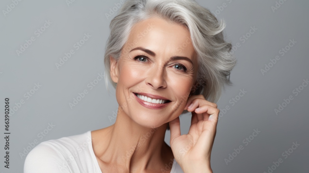 Beautiful 50 year old woman with clean fresh skin on a light background. Facial care, cosmetology, beauty and spa concept Beautiful 50 year old woman with clean fresh skin on a light background. Facial care, cosmetology, beauty and spa concept