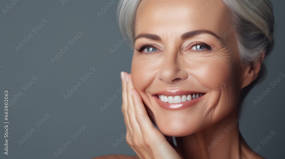 Beautiful 50 year old woman with clean fresh skin on a light background. Facial care, cosmetology, beauty and spa concept Beautiful 50 year old woman with clean fresh skin on a light background. Facial care, cosmetology, beauty and spa concept