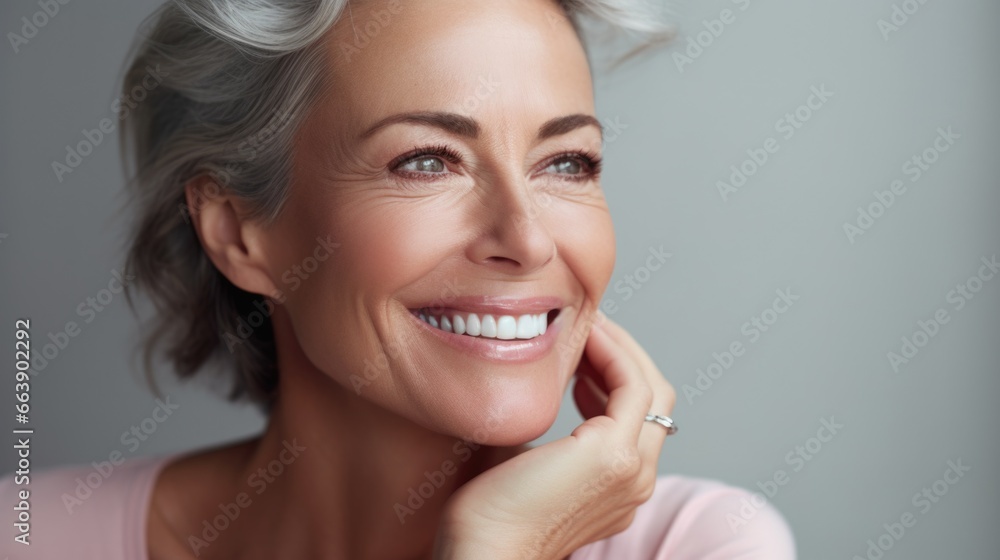 Beautiful 50 year old woman with clean fresh skin on a light background. Facial care, cosmetology, beauty and spa concept Beautiful 50 year old woman with clean fresh skin on a light background. Facial care, cosmetology, beauty and spa concept