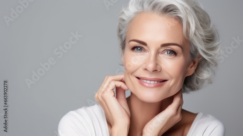 Beautiful 50 year old woman with clean fresh skin on a light background. Facial care, cosmetology, beauty and spa concept