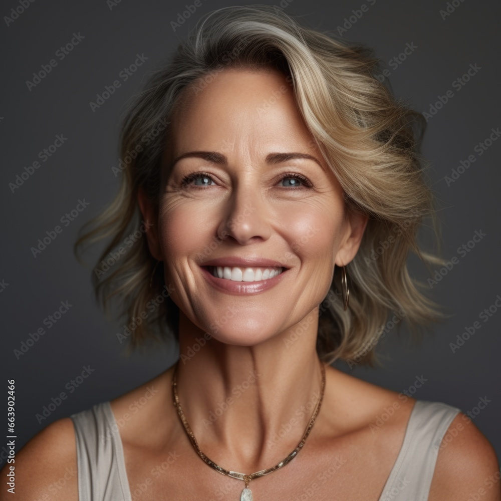 Beautiful 50 year old woman with clean fresh skin on a light background. Facial care, cosmetology, beauty and spa concept Beautiful 50 year old woman with clean fresh skin on a light background. Facial care, cosmetology, beauty and spa concept