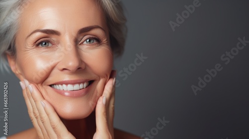 Beautiful 50 year old woman with clean fresh skin on a light background. Facial care, cosmetology, beauty and spa concept