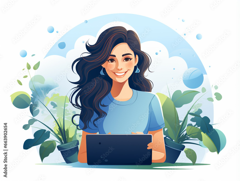 A smiling, relaxed woman at work. Flat logo of a desk with a computer, books and a cup of coffee. A smiling, relaxed woman at work. Flat logo of a desk with a computer, books and a cup of coffee.
