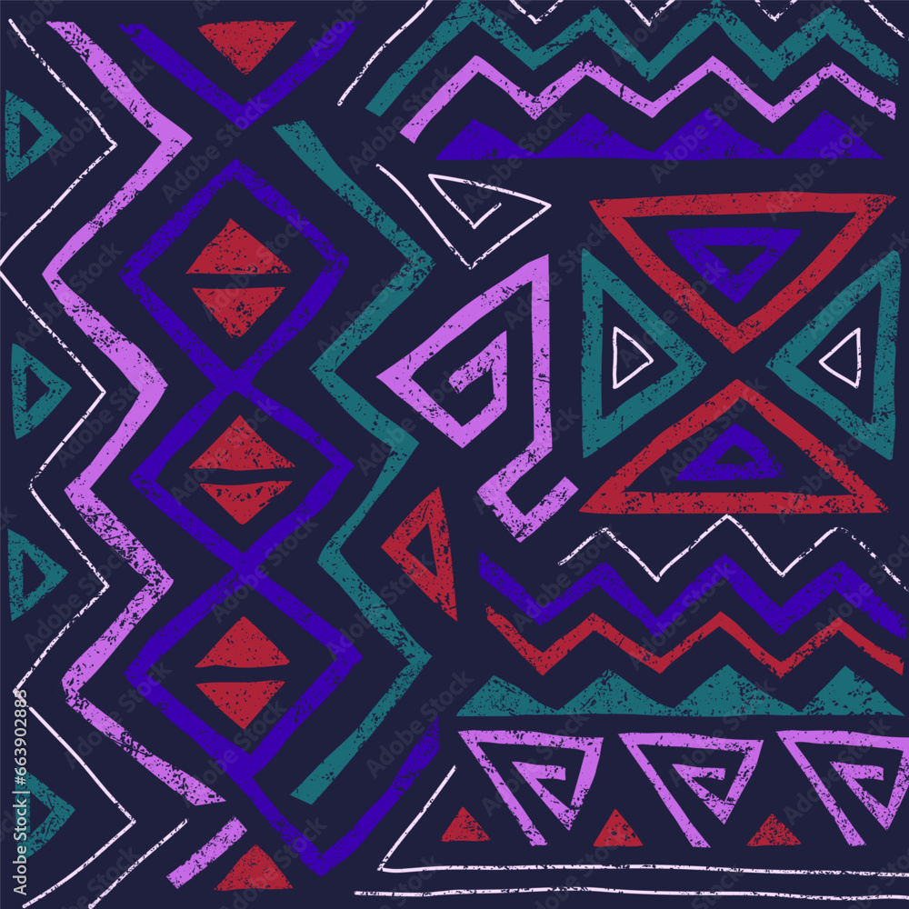African ethnic seamless pattern in tribal style. Trendy abstract geometric background with grunge texture. Unique design elements for textile, banner, cover, wallpaper, wrapping	