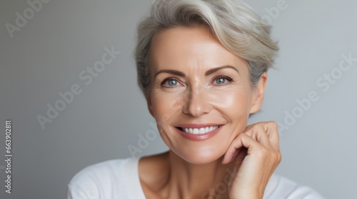 Beautiful 50 year old woman with clean fresh skin on a light background. Facial care, cosmetology, beauty and spa concept