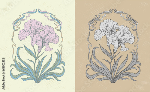 Frame with a iris flower in the style of Art Nouveau. Beautiful iris vintage floral composition 1920-1930 years.