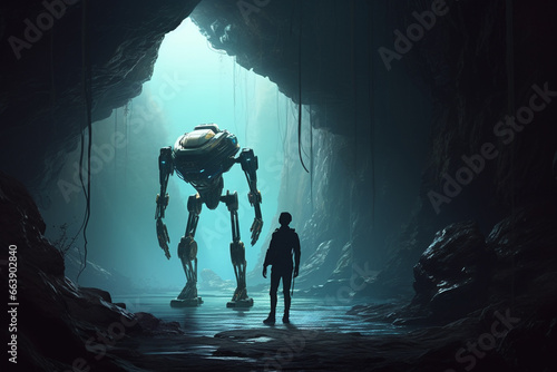 Silhouette of a man and a robot in a dark cave