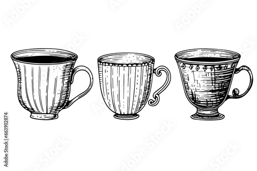 Set of vintage cups or mugs hand drawn ink sketch. Engraved style vector illustration.