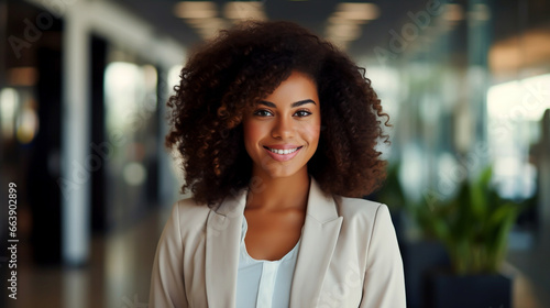 SMILING AFRICAN AMERICAN BUSINESSWOMAN, PROFESSIONAL MANAGER IN OFFICE. image created by legal AI