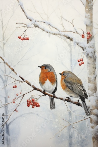 Two robins in the snow. Nostalgic christmas illustration.