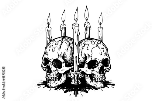 Scull with candle hand drawn ink sketch. Engraved style vector illustration.