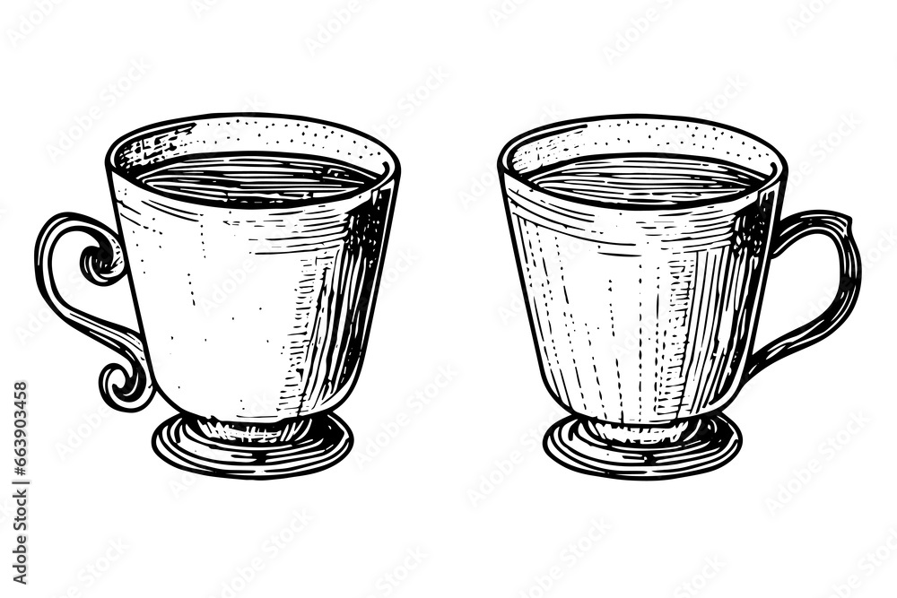 Set of vintage cups or mugs hand drawn ink sketch. Engraved style vector illustration. - obrazy, fototapety, plakaty 
