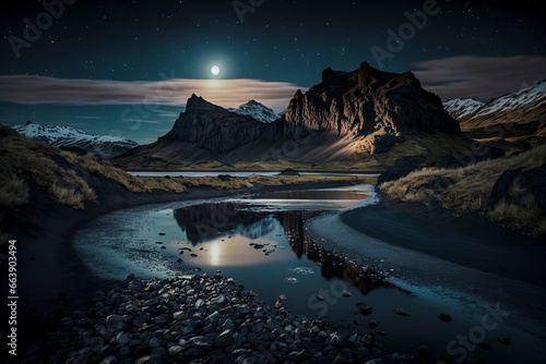 Moonlit Serenity: A Night Landscape with a Snow-Covered Mountain Range, ai generative