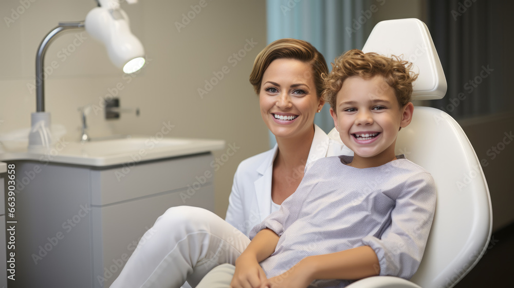 Smiling dentist and a small child at a dental clinic appointment
