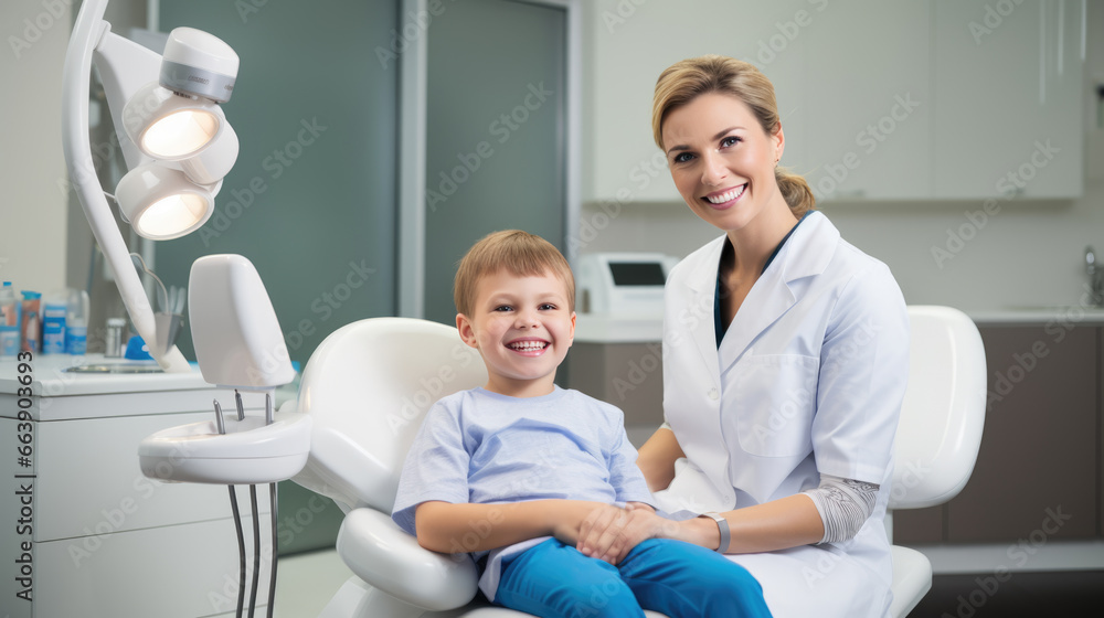 Smiling dentist and a small child at a dental clinic appointment Smiling dentist and a small child at a dental clinic appointment