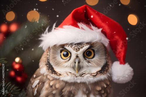 Cute little festive owl wearing a Father Christmas santa hat © ink drop