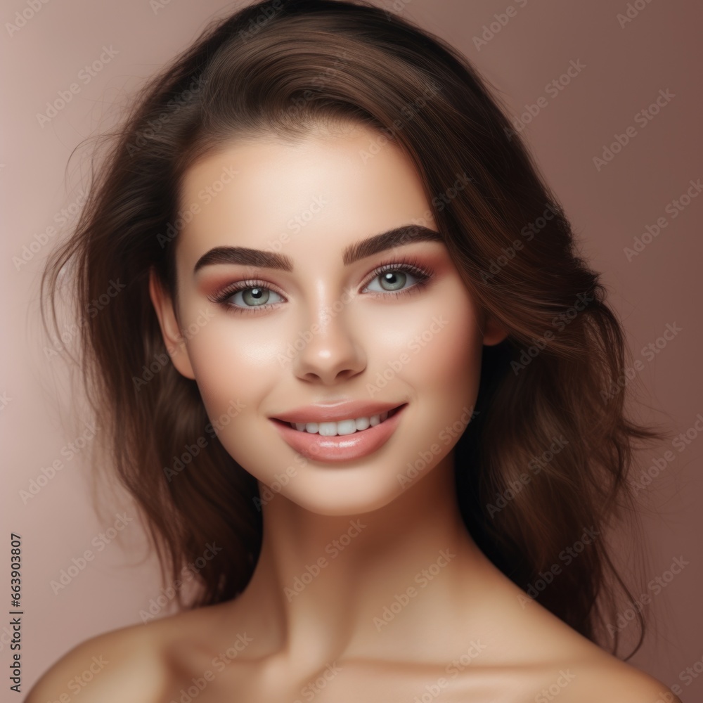 Fototapeta premium Beautiful Young Woman with Clean Fresh Skin touch own face . Facial treatment . Сoncept skin care cosmetics solution