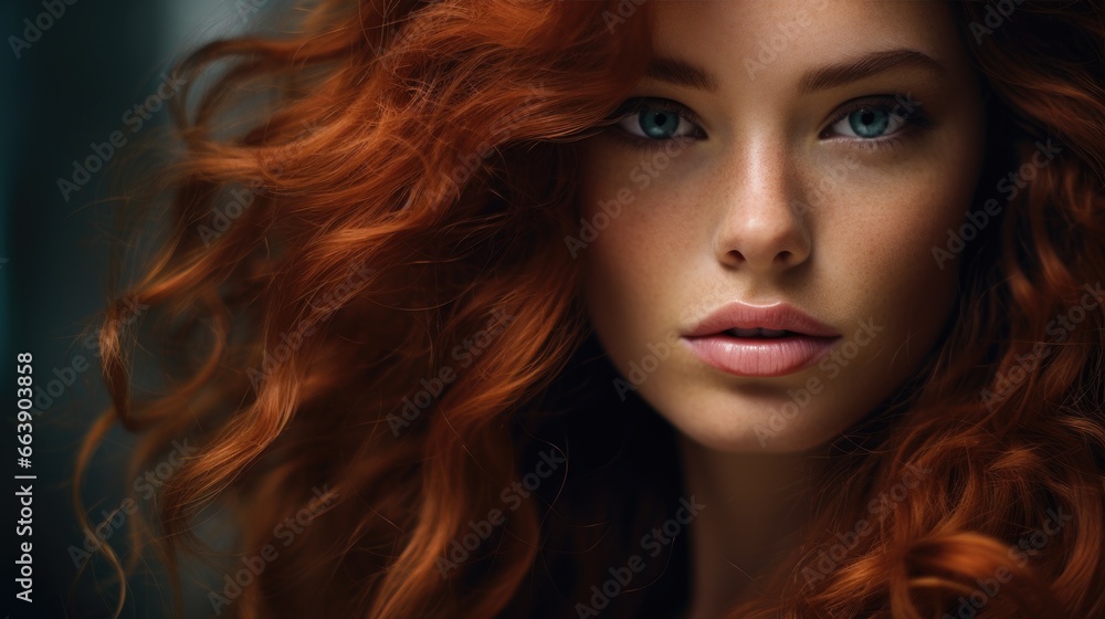 Close-up portrait of a beautiful woman with curly brown and reddish hair Close-up portrait of a beautiful woman with curly brown and reddish hair