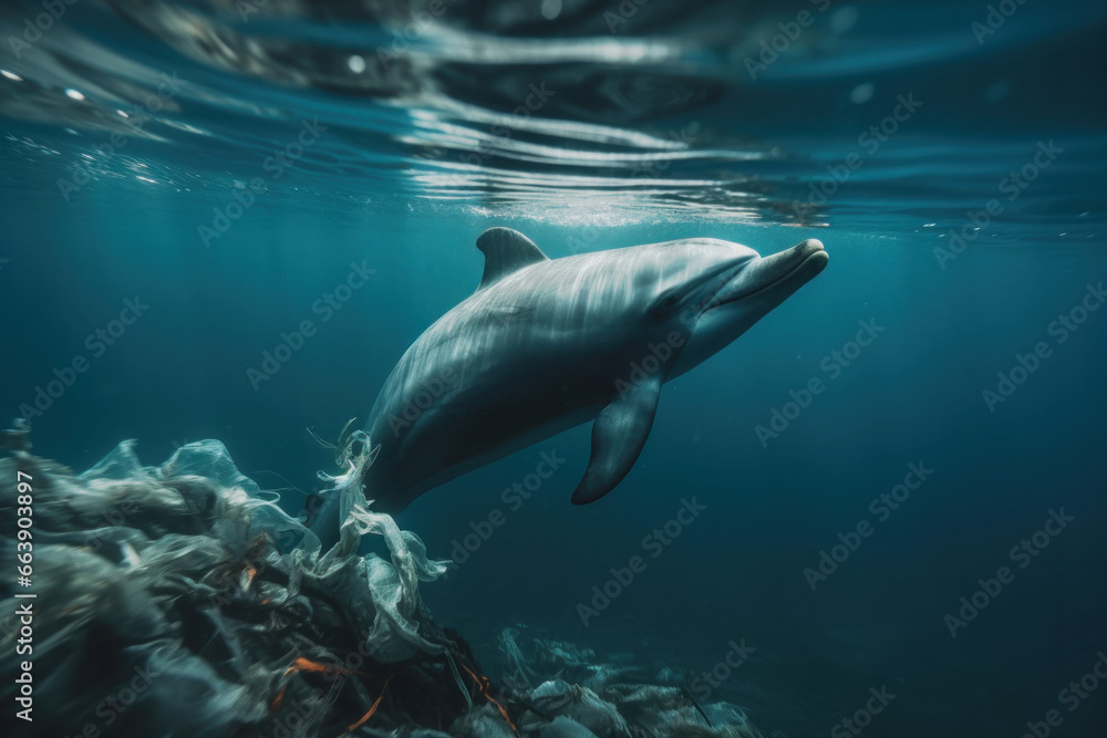 Fototapeta premium Plastic Pollution In Ocean, Sea. Dolphin Eat Plastic. Fish entangled in waste dumped into the water by humans. Earth day