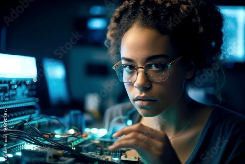 African American black woman with curly hair in glasses programmer working with processor. Modern technology
