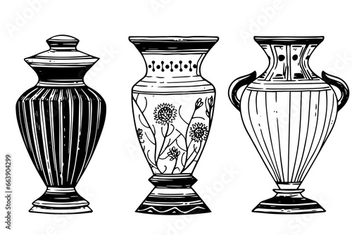 Set of ancient vase hand drawn ink sketch. Engraved style vector illustration.
