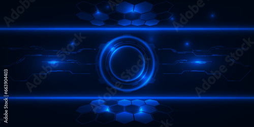 Abstract blue futuristic digital hi tech technology background with circle head up display interface and digital circuit network for advertising and game artwork.