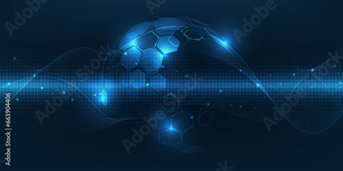 Vector illustrations of Abstract blue futuristic globe digital economic or metaverse with glowing particles around.Digital innovation and technology concepts.