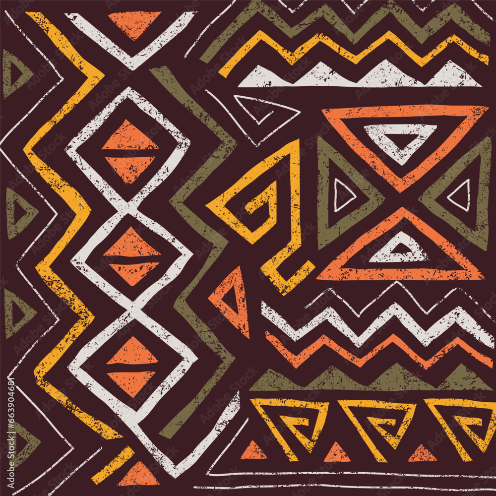 African ethnic seamless pattern in tribal style. Trendy abstract geometric background with grunge texture. Unique design elements for textile, banner, cover, wallpaper, wrapping African ethnic seamless pattern in tribal style. Trendy abstract geometric background with grunge texture. Unique design elements for textile, banner, cover, wallpaper, wrapping