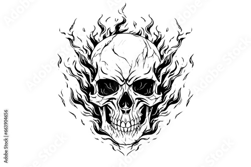 Skull in fire frame hand drawn ink sketch. Engraved style vector illustration.