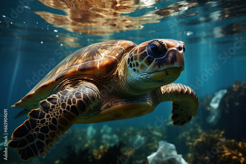 In the deep blue sea, a sea turtle struggles to swim amidst transparent plastic waste. This underwater image is a stark representation of the ecological disaster caused by plastic pollution.