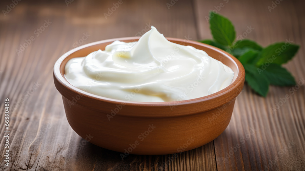Sour cream in a bowl on a wooden background Sour cream in a bowl on a wooden background