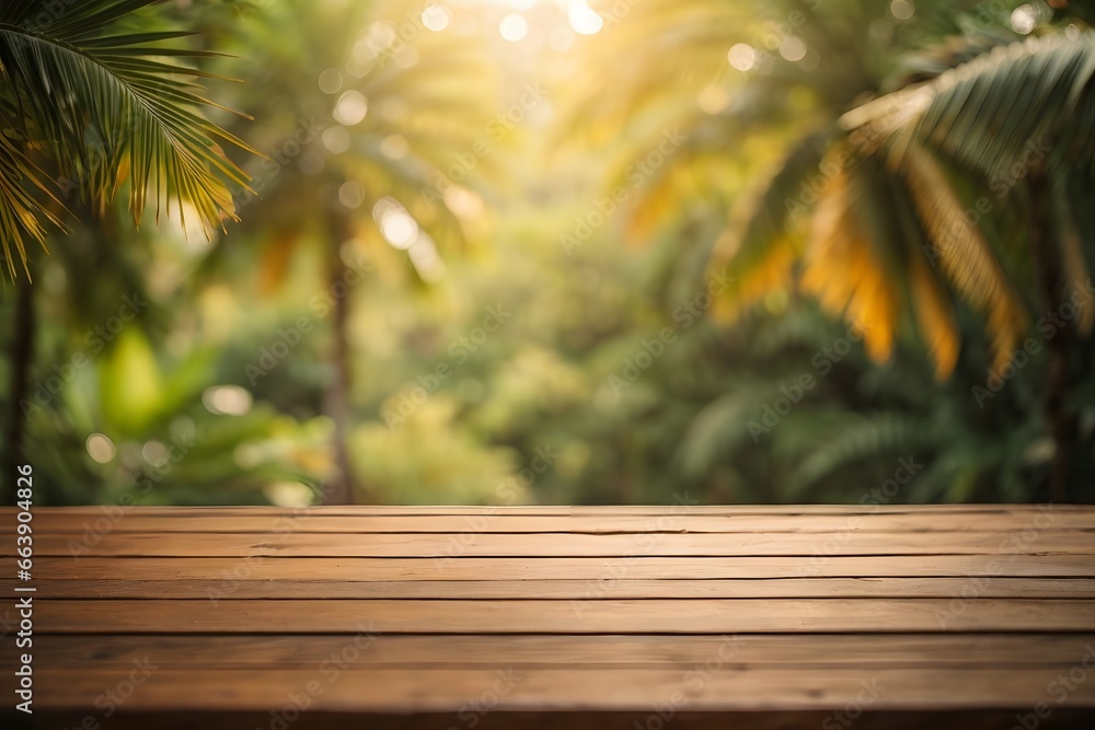Empty wood table top with blur jungle background with bokeh light. Generative AI. Empty wood table top with blur jungle background with bokeh light. Generative AI.