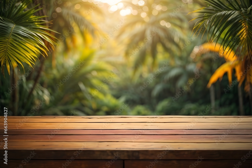 Empty wood table top with blur jungle background with bokeh light. Generative AI. Empty wood table top with blur jungle background with bokeh light. Generative AI.