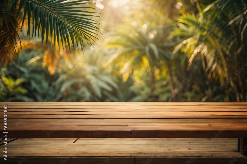 Empty wood table top with blur jungle background with bokeh light. Generative AI. Empty wood table top with blur jungle background with bokeh light. Generative AI.