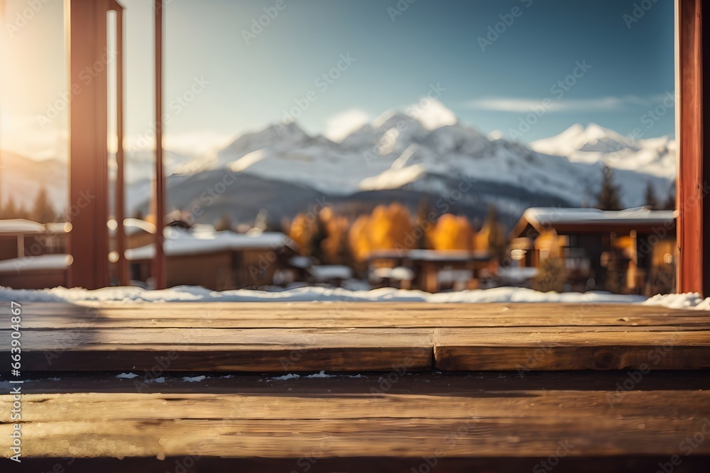 Empty wooden table top with mountain ski hotel and mountains with snow on top of mountains in background with bokeh autumn sunlight. Generative Ai.