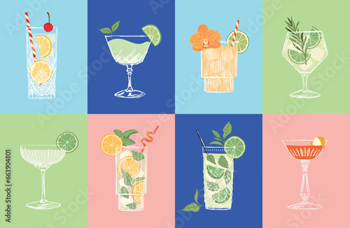 Set of cocktails. An illustration of classical drinks in different types of glasses. Vector illustration of popular cocktails. Banner with soft and alcohol drinks.